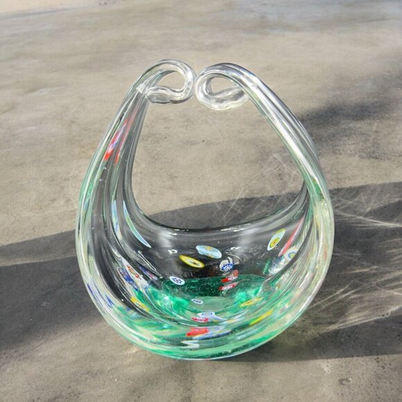 Large Art Glass Basket Bowl Centerpiece With Large Multicolor Millefiori Spots - Picture 3 of 16